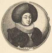 Woman with large circular fur hat and lace ruff