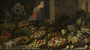 Still Life with Fruit and Vegetables, with Christ at Emmaus in the background