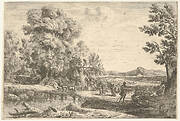 Rebecca and Eliezer taking leave of her father, Bethuel, set in a landscape, a large tree to the left