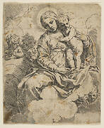 Madonna and Child seated on clouds and surrounded by angels