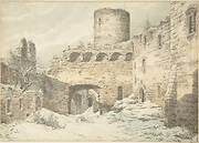 Winter View of the Courtyard of a Medieval Castle in Ruins