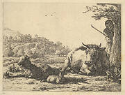 Cow, adult sheep, and young sheep lying in the grass; beyond, a shepherd stands partially behind a tree