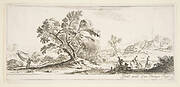 Plate 6: a fisherman carrying a net to left, two horsemen in a stream to right, a tree in center, a castle in ruins to right in the background, from 'Various landscapes' (Divers paysages)