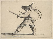 Small male figure wearing a hat, with daggers in both hands, and placing his weight on his right foot as he stretches his left foot forward, from the series 'Varie figure gobbi'