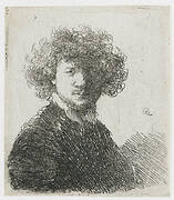 Self-portrait with curly hair and white collar: bust