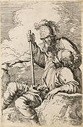 Three warriors, one seated on a foreground rock holding a staff; the second standing behind him pointing; the third seen as a face behind them