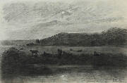 River Landscape with Cattle Pasture at Full Moon