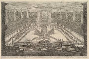 The Prince of Tuscany and his chariots arranged around Mount Atlas in center, a fountain at center in the foreground, a large arch displaying the Medici and the Orleans coats of arms in the background, spectators surrounding all sides, from 'Il mondo festeggiante'