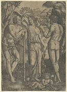 An allegorical scene; a young woman at centre holding a wreath above her head, at left is a old man leaning on a stick, a younger man at right who holds a small dragon