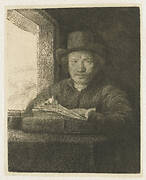 Self-portrait etching at a window