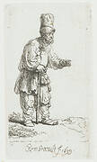 A peasant in a high cap, standing leaning on a stick