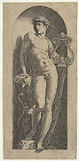 A statue of Apollo, naked standing in a niche, holding a lyre in his left hand and leaning on a tree trunk