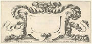 Plate 11: a cartouche with fruits, flowers, and leaves at top, a mask of a faun in profile to either side with a festoon of fruits and flowers in each of their mouths, from 'Twelve cartouches' (Recueil de douze cartouches)