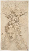 Design for a Helmet with a Dragon Presented in Frontal View