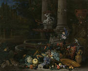 Still Life with Vegetables before a Draped, Overturned Plinth by an Ornamental Fountain