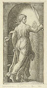 Justice personified by a young woman holding a sword in her raised right hand, scales in her left, from 'The Virtues'