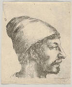 Plate 38: head of a man with a moustache and cap, facing right in profile, from 'Various portraits' (Recueil de diverses pièces servant à l'art de portraiture)