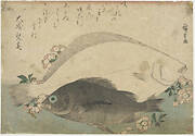 Wood-block print of two fish with floral sprays and a poetic inscription