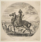 A Moorish horseman facing the left, standing and seated Turks in the middle ground, and other horsemen in the background, from 'Figures on Horseback' (Cavaliers nègres, polonais et hongrois)