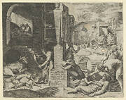 A plague scene at right, a man at left holding a torch illuminating part of the scene, ill people at the right