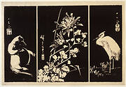 Badger, Chrysanthemums and Crane