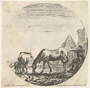 Plate 11: the pyramid of Caius Cestius to right in the background, a horse grazing in center, a foal suckling a mare to left,  a seated shepherd and another standing and pointing towards the left at right, a round composition, from 'Roman landscapes and ruins' (Paysages et ruines de Rome)