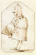 Caricature of a Man in a Mask and a Cloak, Holding a Muff and a Tricorne, Standing in Profile to the Left