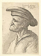 Bust of elderly man with nose that meets his lower  lip, wearing wide flat cap in profile to left