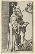 Saint Bernard standing holding an open book, a chained dragon at the lower right, from the series 'Piccoli Santi' (Small Saints)