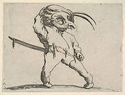 Masked, small male figure with right hand grasping hat and left hand grasping sword hilt, from the series 'Varie figure gobbi'