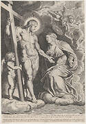 The Intercession of the Virgin, kneeling on a cloud at right before Christ, standing at left holding the cross