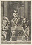 Saint Joseph at left and a bishop at right standing before the altar of the Virgin and Christ Child