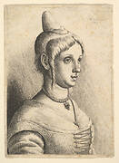 Young woman with a conical hat to right