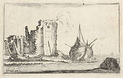 Plate 2: a ship at right and a rowboat at left, washed up on shore, a tower in ruins behind to left, from 'Caprice faict par de la Bella'