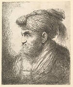 A bearded man wearing a tasseled headdress facing left, from the series 'Heads in Oriental Headdress'