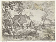 Landschap met boerderijen aan landweg