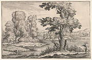 Landscape with goats grazing near a river and a figure in the right foreground, from a series of landscapes dedicated to the Grand Duke of Tuscany