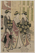 The Courtesan Kisagata of Ohishiya Strolling at Night with Two Shinzo and a Kamuro