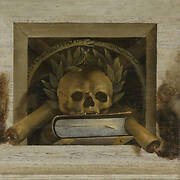 Vanitas Still Life with Scull with Laurel Wreath, Book and two Burning Candles