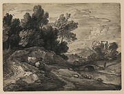 Landscape with sheep and cattle on the bank of a stream