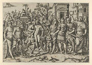 The triumph of a Roman Emperor; a young naked hero stands at center on a pile of armor; a woman at right holds aloft a laurel wreath