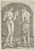 A naked man at left showing an axe to a woman at right