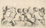 Three cherubs and two boys on clouds