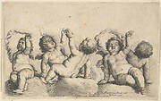 Three cherubs and two boys on clouds, each raising one arm