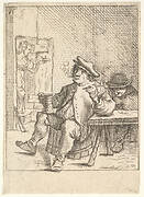 Male peasant smoking a pipe and holding a drinking cup, his left elbow resting on a table, another man seated at the table, a waitress walking through a doorway beyond, after a series of four prints showing peasants by David Teniers the Younger