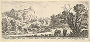 A waterfall descending from the mountains in the center background, various animals and a woman and child beneath a tree in the foreground, from 'Various landscapes' (Divers paysages)