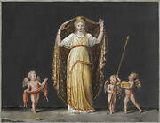 Woman removing her veil from her head and two cupids