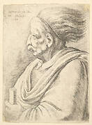 Man with caricatured features and hair streaming behind, in half-length to left