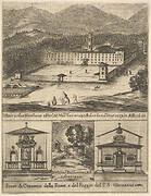 Four views: at top, a view of the new monastery of Vallombrosa, at bottom left and right, a view of a chapel, at bottom center, the tree of St. John Gualbert, from 'Frontispiece and four scenes from the life of Saint John Gualbert' (Frontispice et quatre vignettes pour une vie de Saint Jean Gualbert)