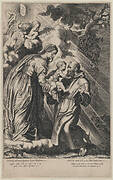 The Vision of Saint Francis, kneeling at right, receiving the Christ child from the Virgin Mary